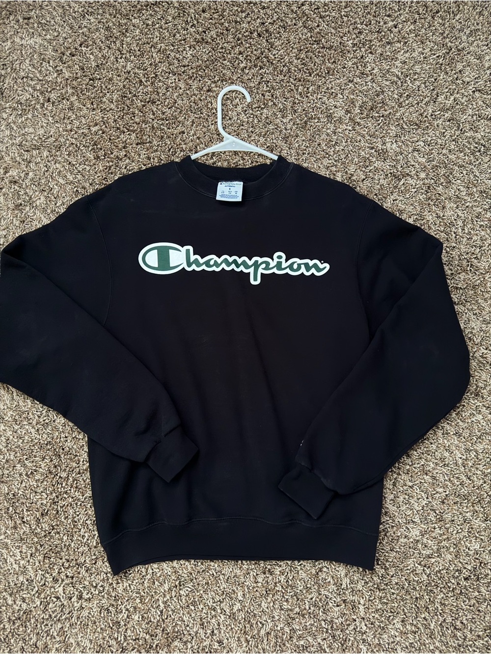 Champion Black Crewneck with White and Green Script Logo